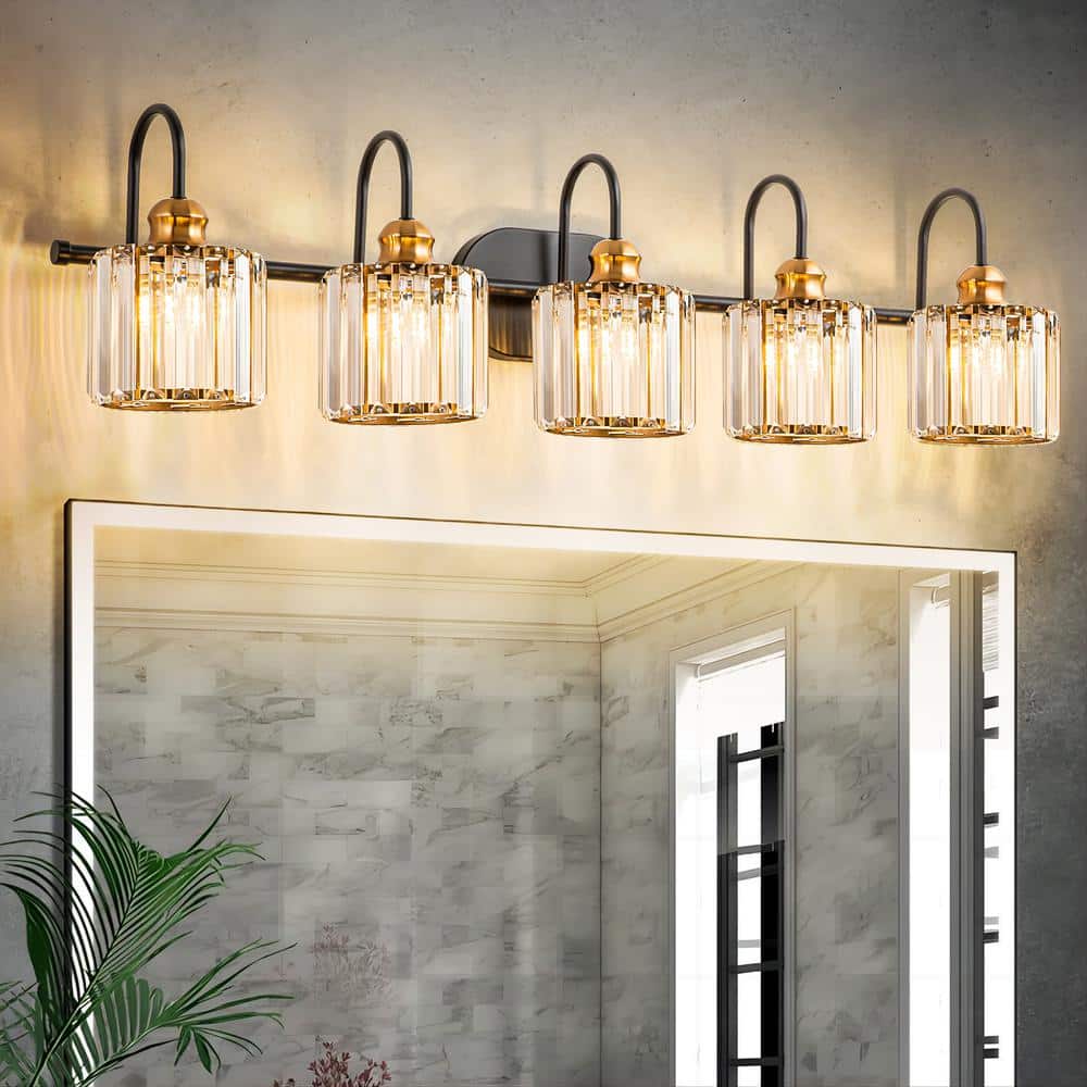 Avenlur 37.4 in. 5 Light Black Gold Vanity Light with Crystal Shades