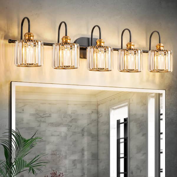 RRTYO Avenlur 37.4 in. 5-Light Glam Black Gold Dimmable Linear Crystal Vanity Light Vintage Luxury Bathroom Lights Over Mirror