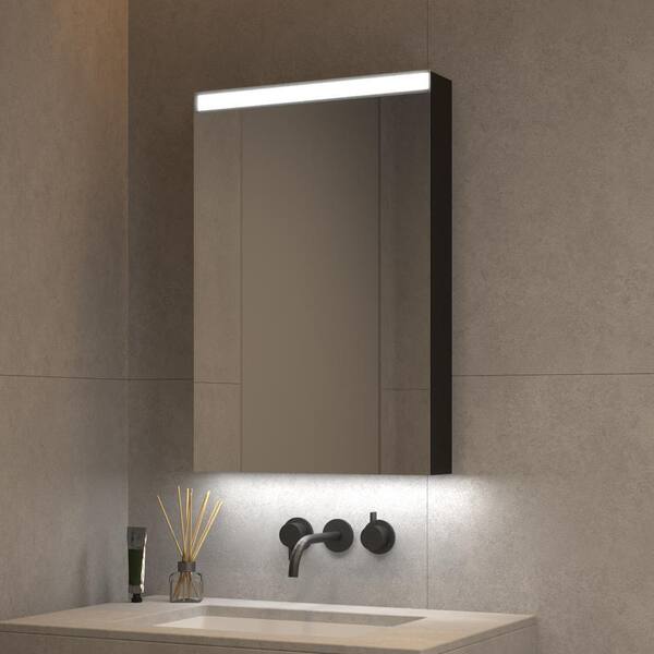 Unbranded 20 in. W x 30 in. H Black Rectangular Aluminum LED Lighted Medicine Cabinet with Mirror and Adjustable Shelf