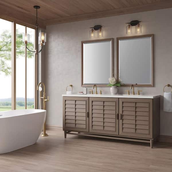 James Martin Vanities Portland 72.0 in. W x 23.5 in. D x 34.3 in. H Double Bathroom Vanity in Whitewashed Walnut with Lime Delight Quartz Top