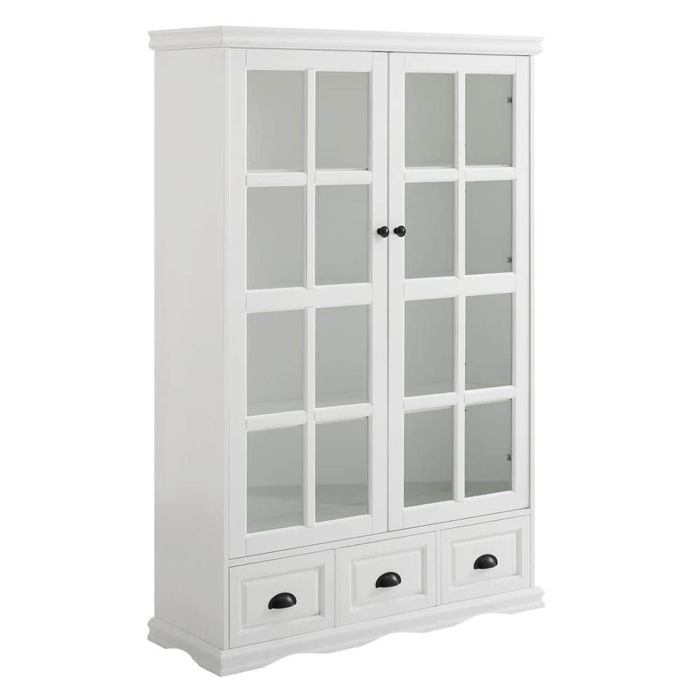 40.16 in. W x 14 in. D x 60 in. H White Wood Linen Cabinet with Glass Doors, 2 Adjustable Shelves and 3 Drawers