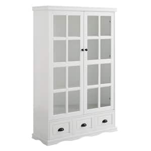 40.16 in. W x 14 in. D x 60 in. H White Wood Linen Cabinet with Glass Doors, 2 Adjustable Shelves and 3 Drawers