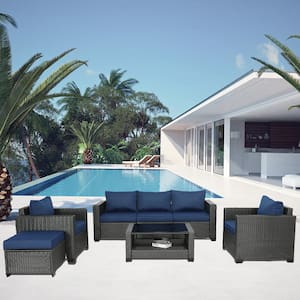 Outdoor 7-Piece Wicker Patio Conversation Set with Blue Cushions