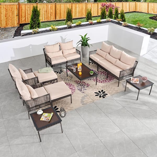 Patio Festival 12-Piece Wicker Patio Conversation Set with Beige Cushions