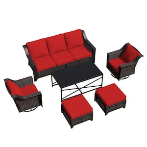 6-Piece Wicker Swivel Rocking Chairs Outdoor Patio Conversation Set with Red Cushions and Coffee Table