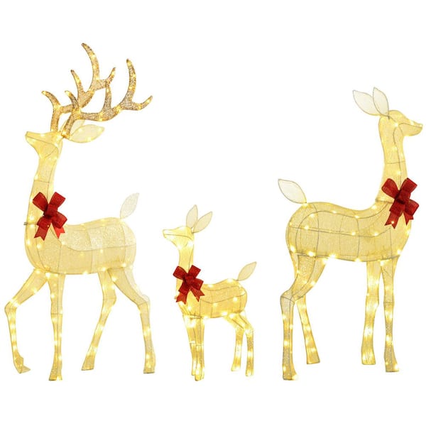 3-Piece Lighted Christmas Reindeer Family Decor Set with Stakes, Indoor Outdoor Holiday Ornament