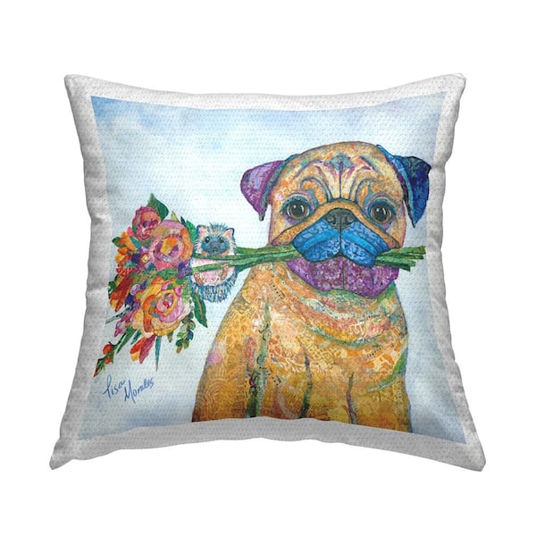 Stupell Industries Pug Flower Bouquet Hedgehog Animals Blue Square Outdoor Throw Pillow