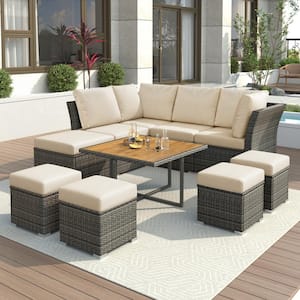 10-Piece Wicker Patio Conversation Set with Beige Cushions, Ottomans and Solid Wood Coffee Table