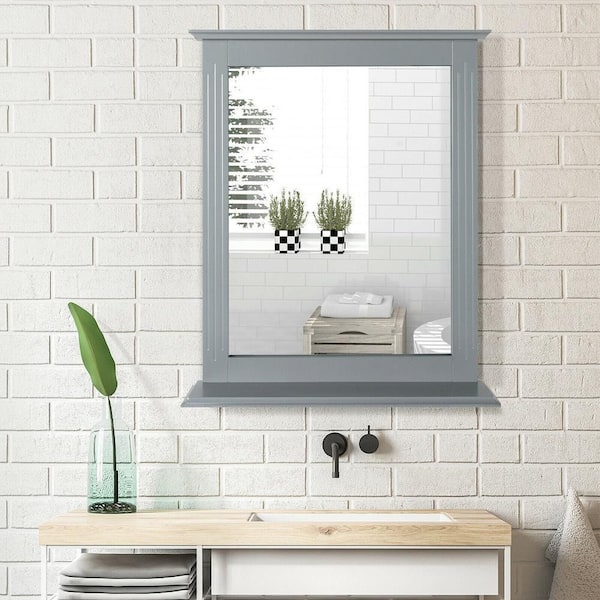 22.5 in. W x 27 in. H Rectangular Framed Wall-Mounted Bathroom Vanity Mirror Gray Shelf Makeup Mirror Multipurpose