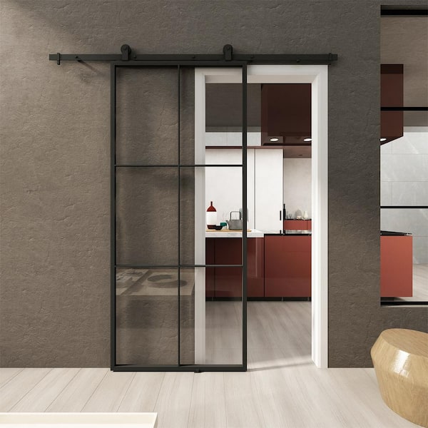 Lexington 37 in. x 84 in. Full 6-Lite Clear Glass Black Metal Sliding Barn Door with Hardware Kit