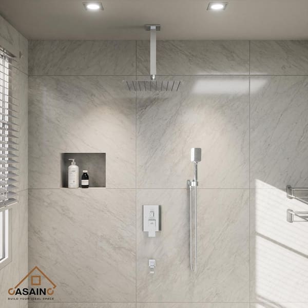 3-Spray Patterns 10 in. Ceiling Mount Dual Shower Heads with Hand Shower & Tub Spout in Chrome (Valve Included)
