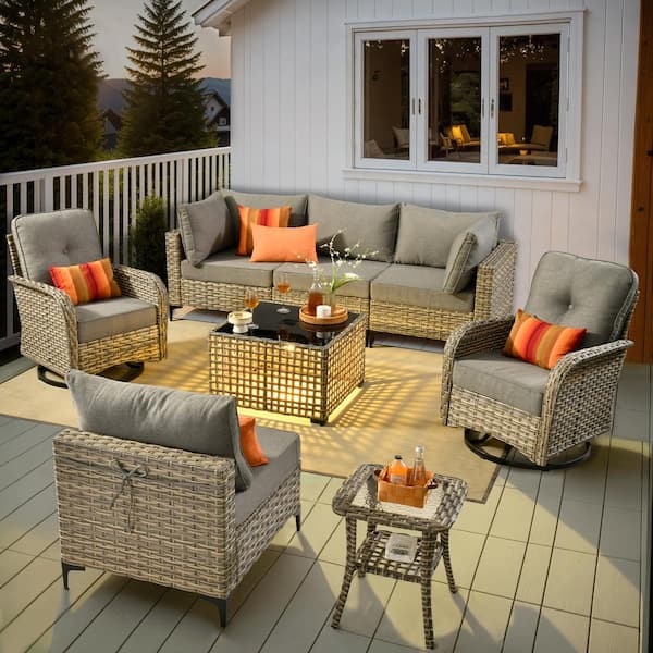 Vinceny Gray 8-Piece Wicker Patio Conversation Set with Dark Gray Cushions and Swivel Chairs