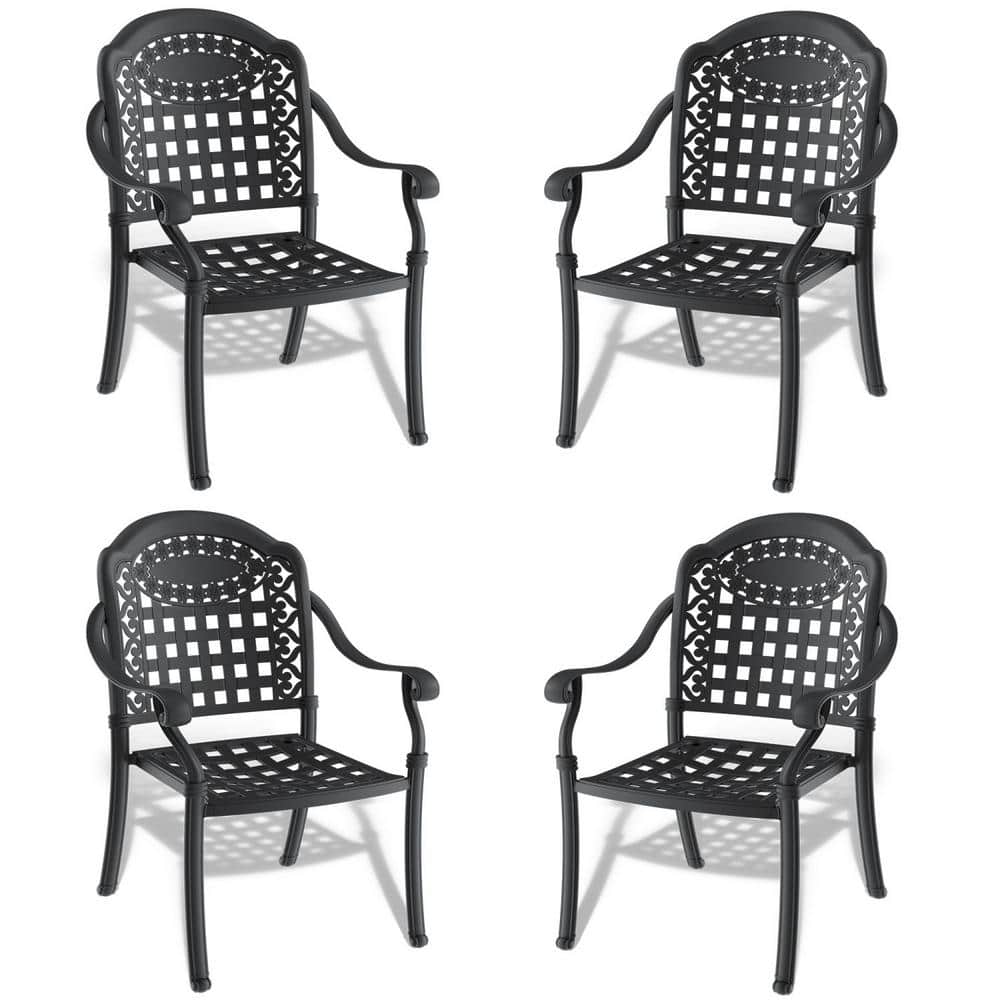 Black Cast Aluminum Outdoor Dining Chair with Random Solid Color Cushions 4