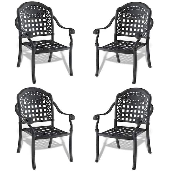 Tidoin Black Cast Aluminum Outdoor Dining Chair with Random Solid Color Cushions 4-Pack