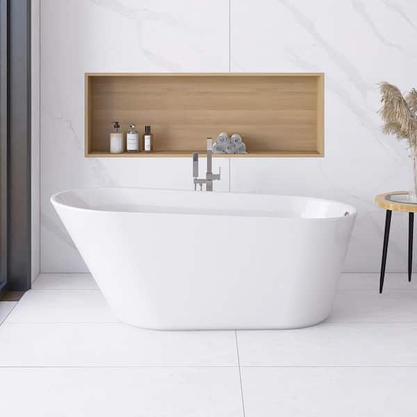 Staykiwi 61 in. x 30 in. Acrylic Freestanding Soaking Bathtub in Glossy White with Chrome Reversible Drain