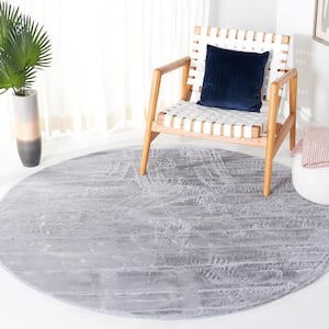 Faux Rabbit Fur Light Grey 6 ft. x 6 ft. Machine Washable High Low Brown Round Area Rug