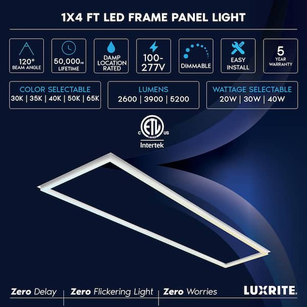 1 ft. x 4 ft. Frame LED Panel Lights 5CCT, 2600/3900/5200 Lumens, 20-Watt/30-Watt/40-Watt, Dimmable, Damp Rated