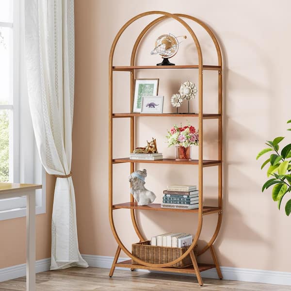Eulas 70.9 in. Tall Bright Brown Wood 5-Shelf Etagere Bookcase with Metal Frame, Open Bookshelf Arched Bookcase
