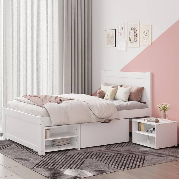 Qualler White Wood Frame Twin Size Platform Bed with Drawer and 2 Shelves