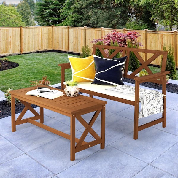 Tioman X Back Hardwood Outdoor Bench with Beige Cushion