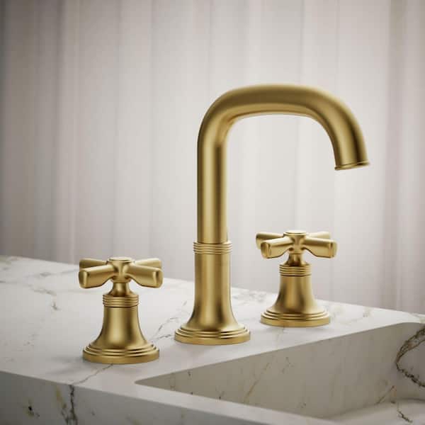 Paces 8 in. Widespread Double Handle Bathroom Faucet with Cross Handles in Vibrant Brushed Moderne Brass