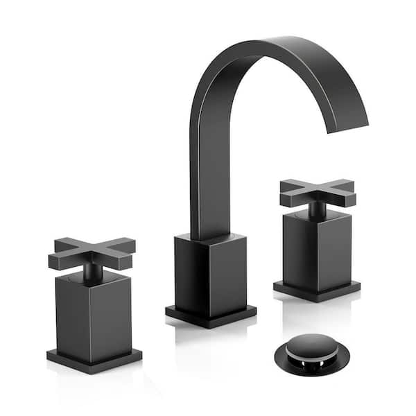 2 Handles 3 Hole Matte Black Widespread 8 Inch Bathroom Faucet, with Rotatable 360 Degree Swivel Spout