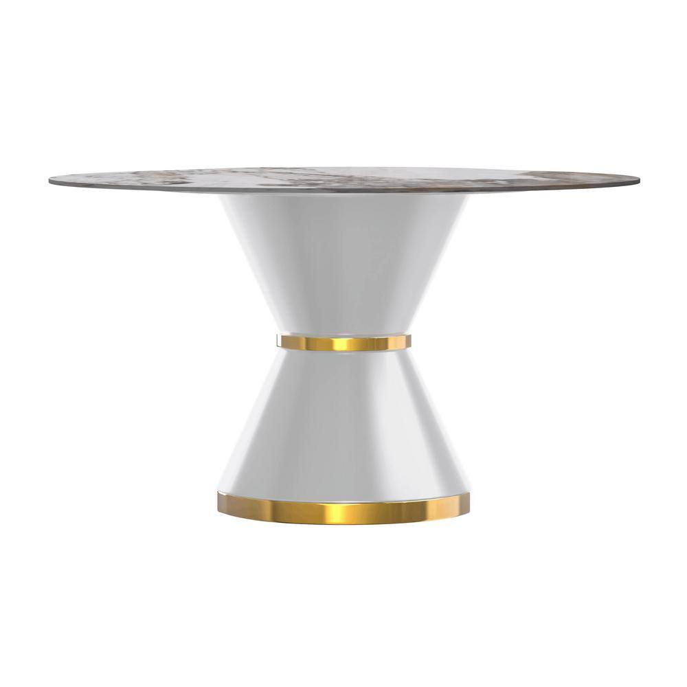 Modern Round White and Gold Dining Table with Glass Top for Six