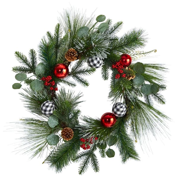 Nearly Natural 24 in. Unlit Berry and Pinecone Artificial Christmas Wreath with Ornaments