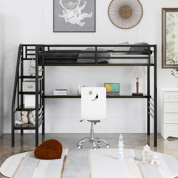 Qualler Black Twin Metal Loft Bed Frame with Desk BWM000604B
