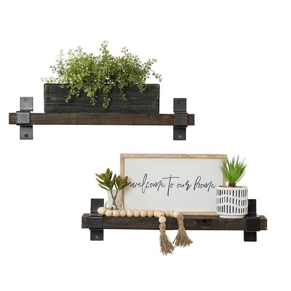 Intrinsic Haven Industrial Wrap 24 in. W x 6 in. D Dark Brown Pine Wood Set of 2-Decorative Wall Shelf with Brackets