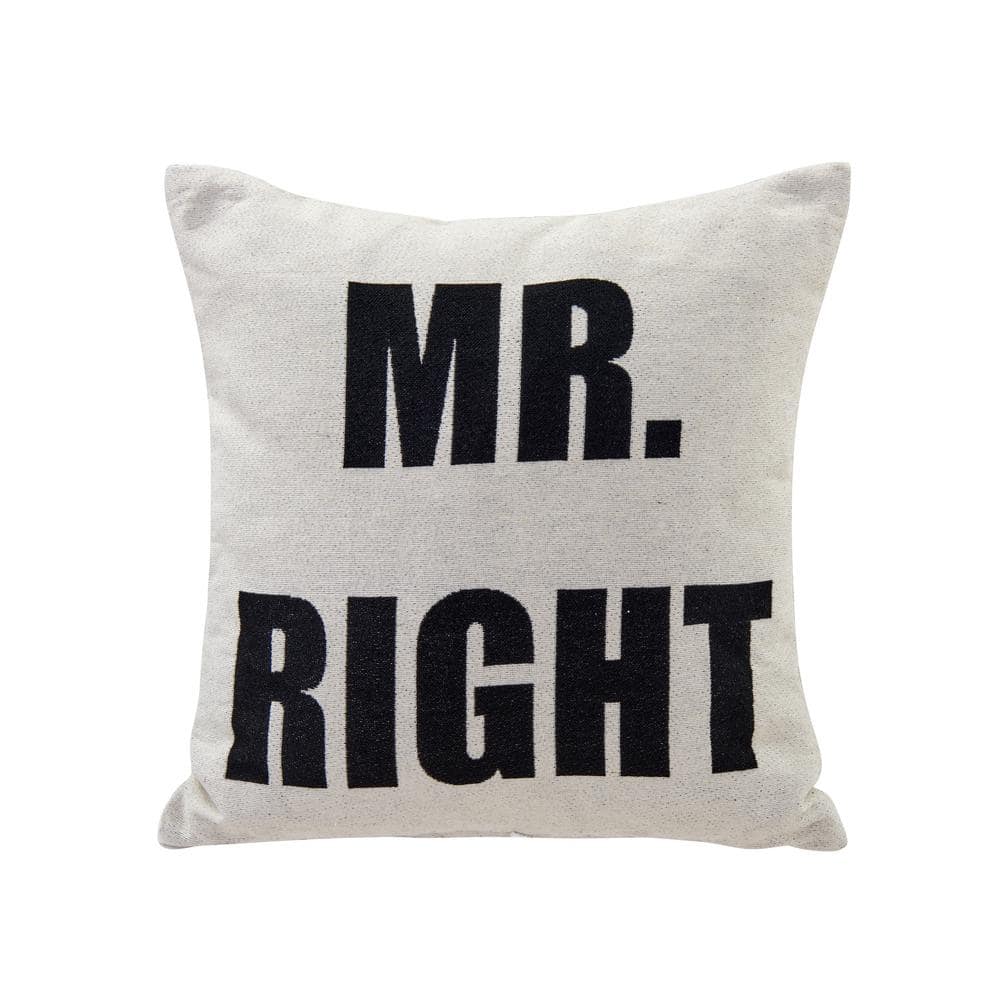 Mr. Right White Cotton Jacquard Square Decorative Pillow