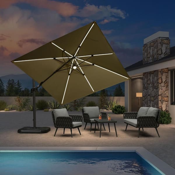 10 ft. Square Aluminum Cantilever Solar LED Swivel Offset 360° Rotation Umbrella with Base, Beige
