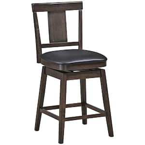 24 in. Brown Height Back Wood Frame Counter Height Swivel Bar Stool with Leather Seat