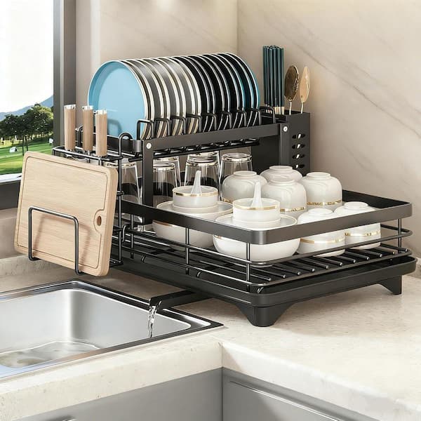 Black Stainless Steel 2nd Floor Large Kitchen Counter Utensil Dish Rack /Knife/Cup/Cutting Board with Drainage Board