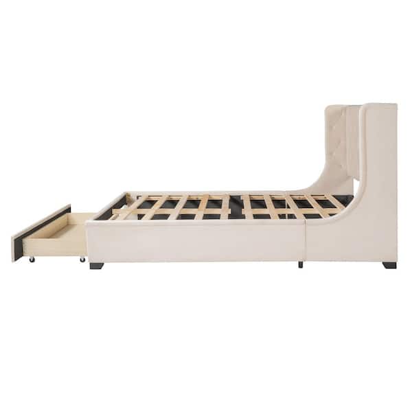 SUNRINX Beige Bed Frame Queen Velvet Upholstered Platform Bed with Storage MG4-32WE