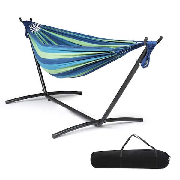 550LBS Capacity Hammock Set Included with Portable Bag, Heavy Duty 2-Person Hammock with Stand in Blue Green Stripe