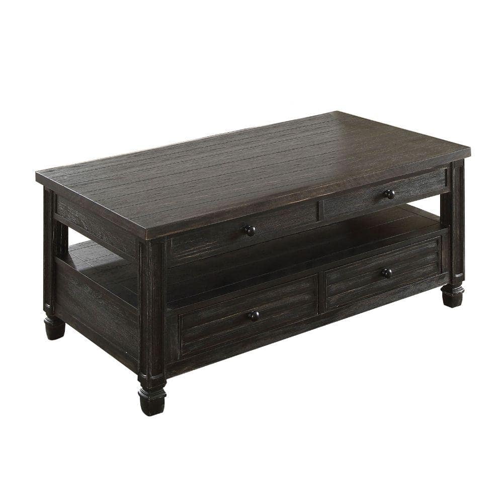 Benjara 50 In L Antique Black Plank Top Coffee Table With Louver Design Drawers Bm208134 The Home Depot