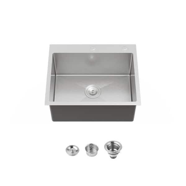 TMS 23 in. L x 19 in. W Brushed Nickel Drop-in/Undermount Single Bowl Steel Kitchen Sink with Strainers