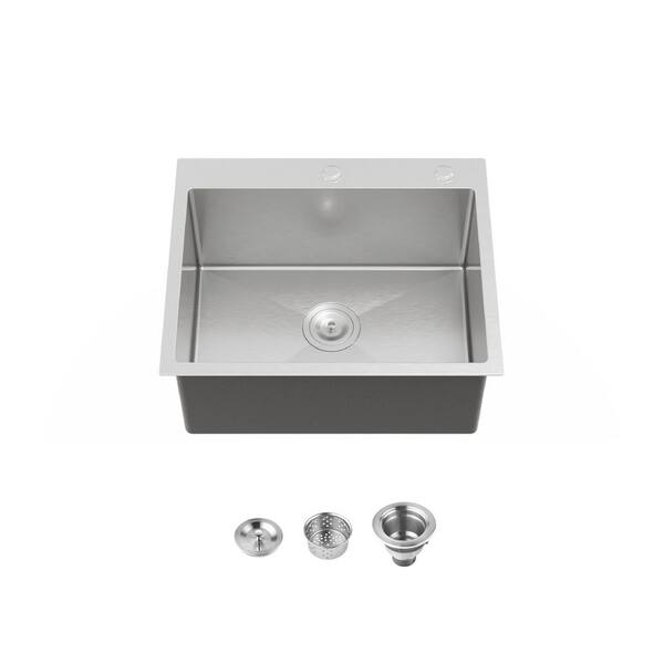 TMS 23 in. L x 19 in. W Brushed Nickel Drop-in/Undermount Single Bowl Steel Kitchen Sink with Strainers