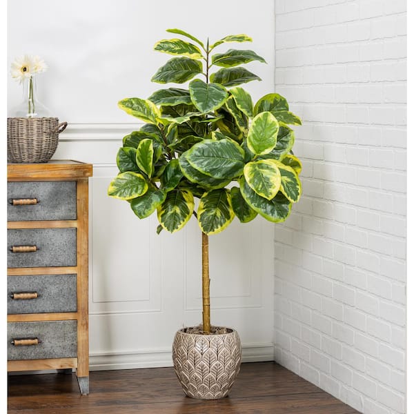 GERSON INTERNATIONAL 4 ft. Artificial Tall Real Touch Ultra-Realistic Varrigated Ficus Altissima Plant in Plastic Pot with Faux Dirt
