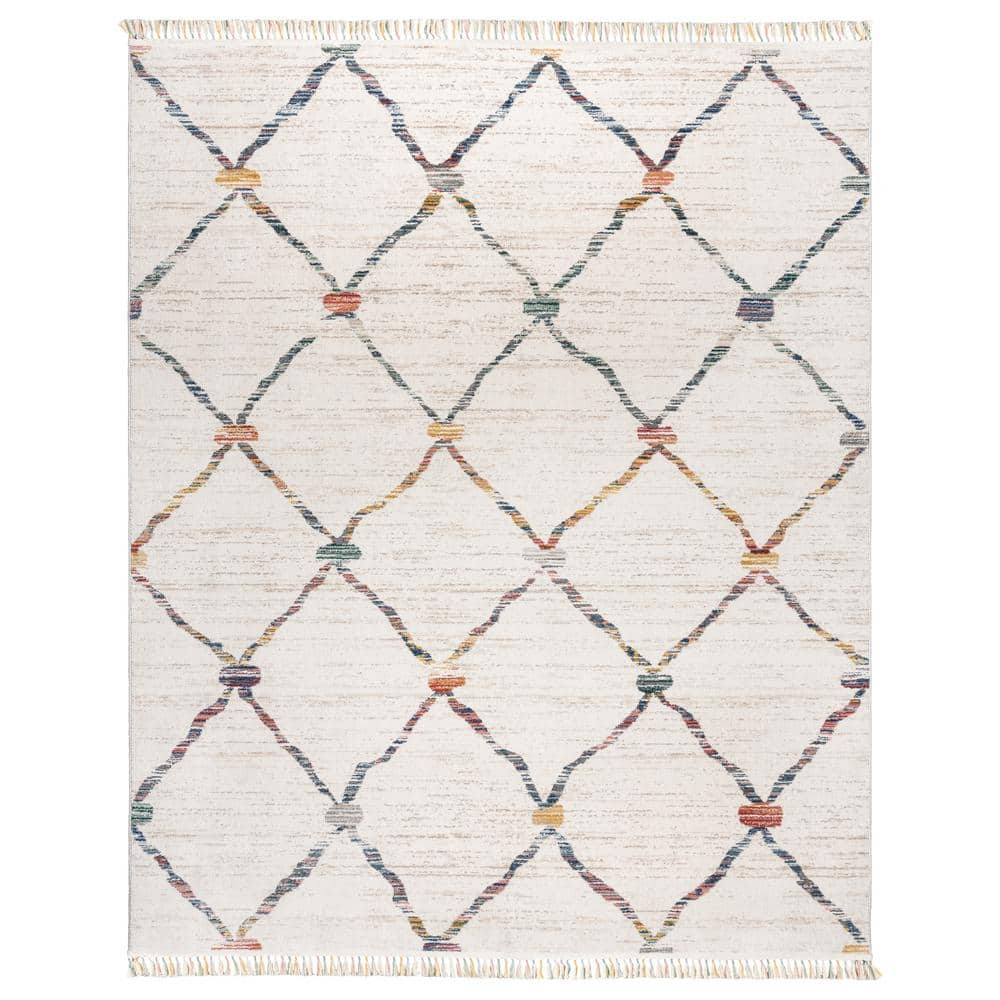 Ivory and Multicolor Synthetic Tufted Rectangular Area Rug, 6' x 9'