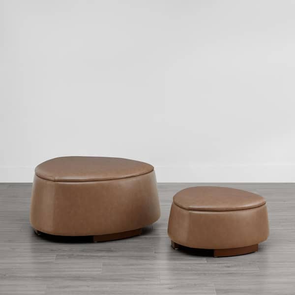 SPRUCE & SPRING Leocadia Saddle Brown Leather Rounded Pebble Tray Top Ottoman Set with Wood Frame for Living Room and  Bed Room