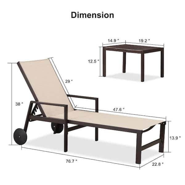 Aluminum Bronze Frame Metal Outdoor Chaise Lounge Chair with Wheels and Armrests Recliner Chair, Marble White
