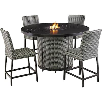 Weston 5-Piece Wicker Outdoor Aluminum High Dining Set with 4 Chairs and 60 in. Gas Fire Pit Table