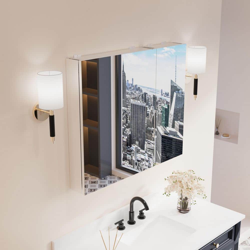 36.1 in. W x 30 in. H Rectangular Aluminum Recessed/Surface Mount Medicine Cabinet with Mirror and 8 mm Glass Shelves price history on PriceWatchPro