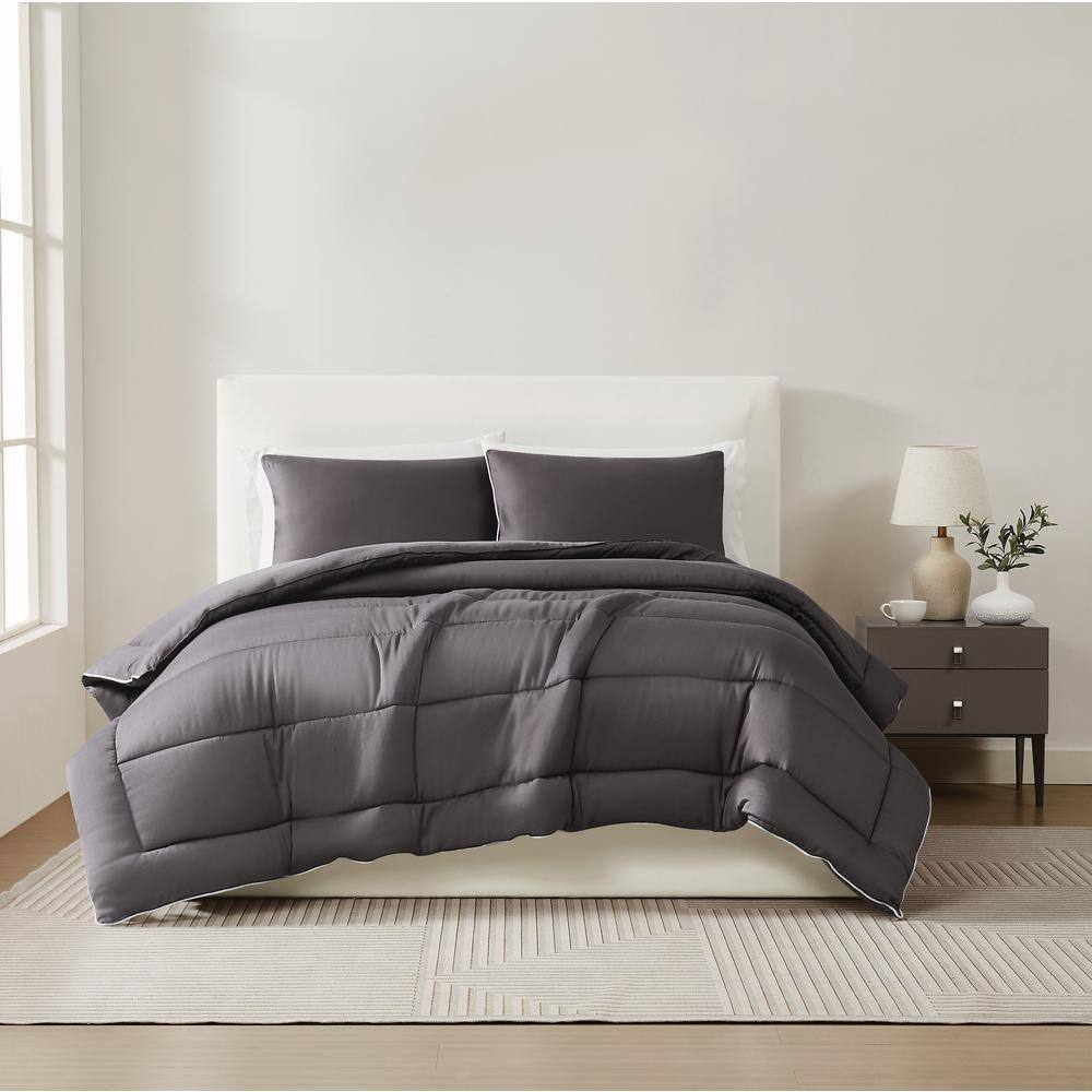Dark Grey Full Cotton Sateen Down Alternative Bedspread Set
