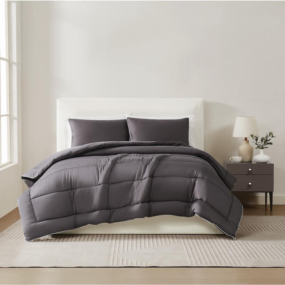 Twin Dark Grey Cotton Sateen Comforter Set with Polyfill