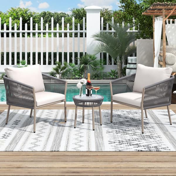 SUNRINX 3-Piece Gray Wicker Outdoor Bistro Set with Beige Cushions