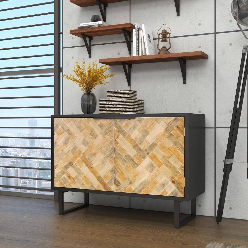Black and Brown Geometric Wood Inlay Cabinet with Shelf