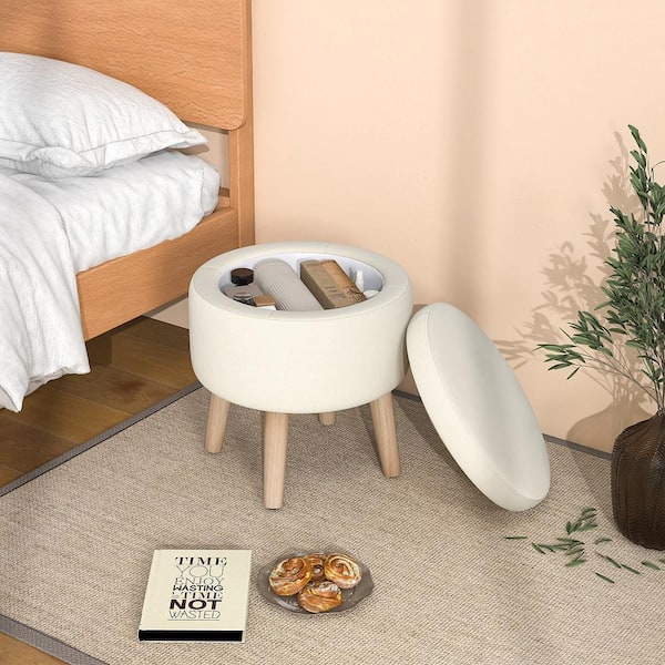 Costway Beige Farbic Round Storage Ottoman Accent Storage Costway Beige Farbic Round Storage Ottoman Accent Storage